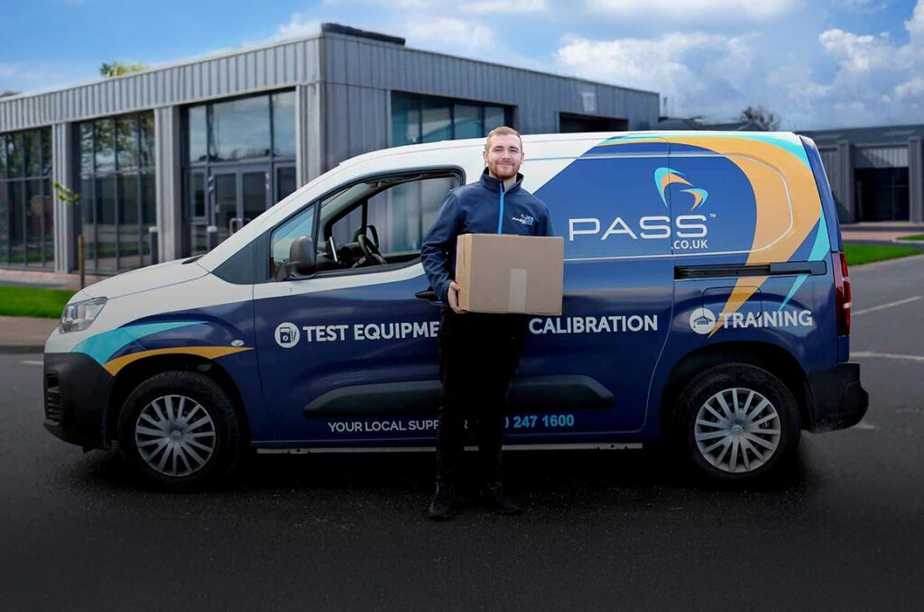 Member of staff stood in front of a PASS calibration van