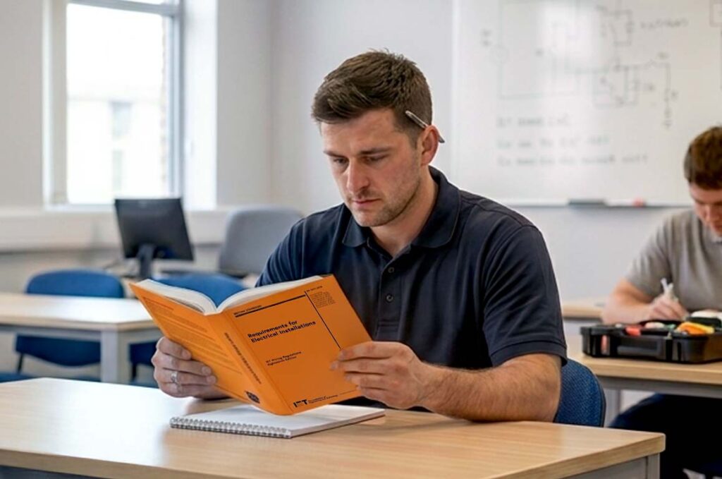 Learner on an 18th Edition course reading the new IET Wiring Regulations 4th Amendment, orange book
