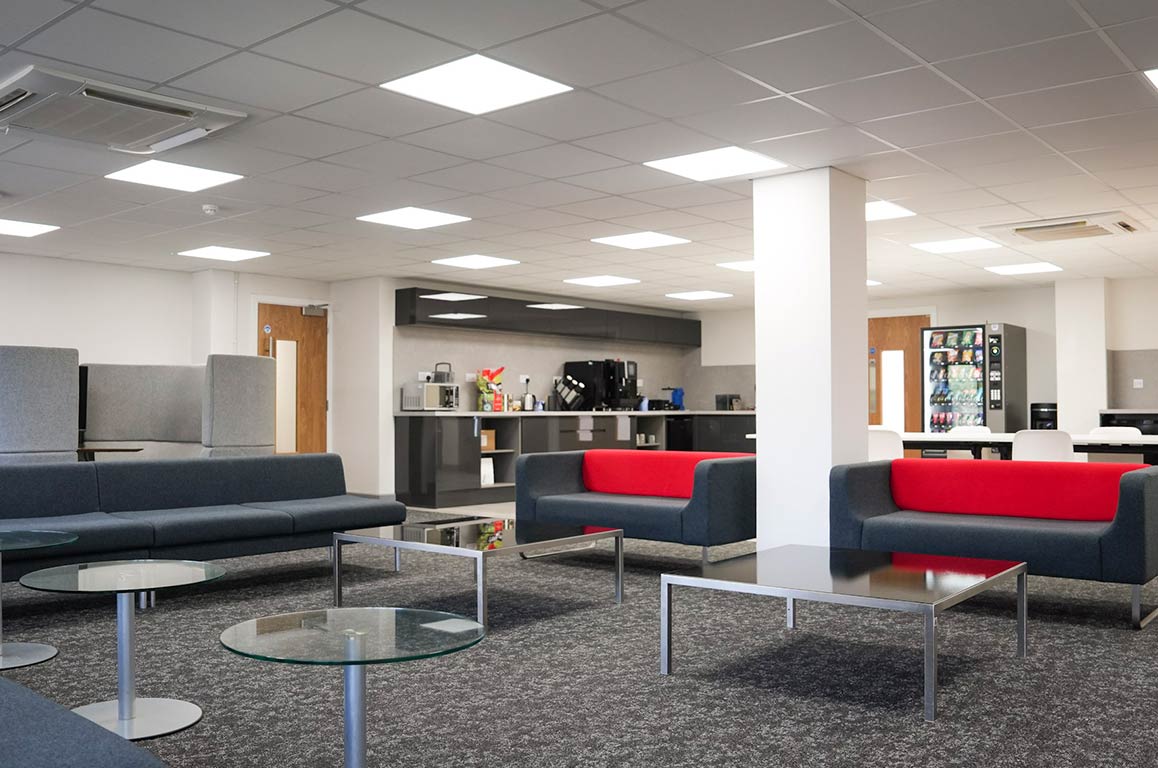 PASS Stevenage breakout area with seating and vending machines on view